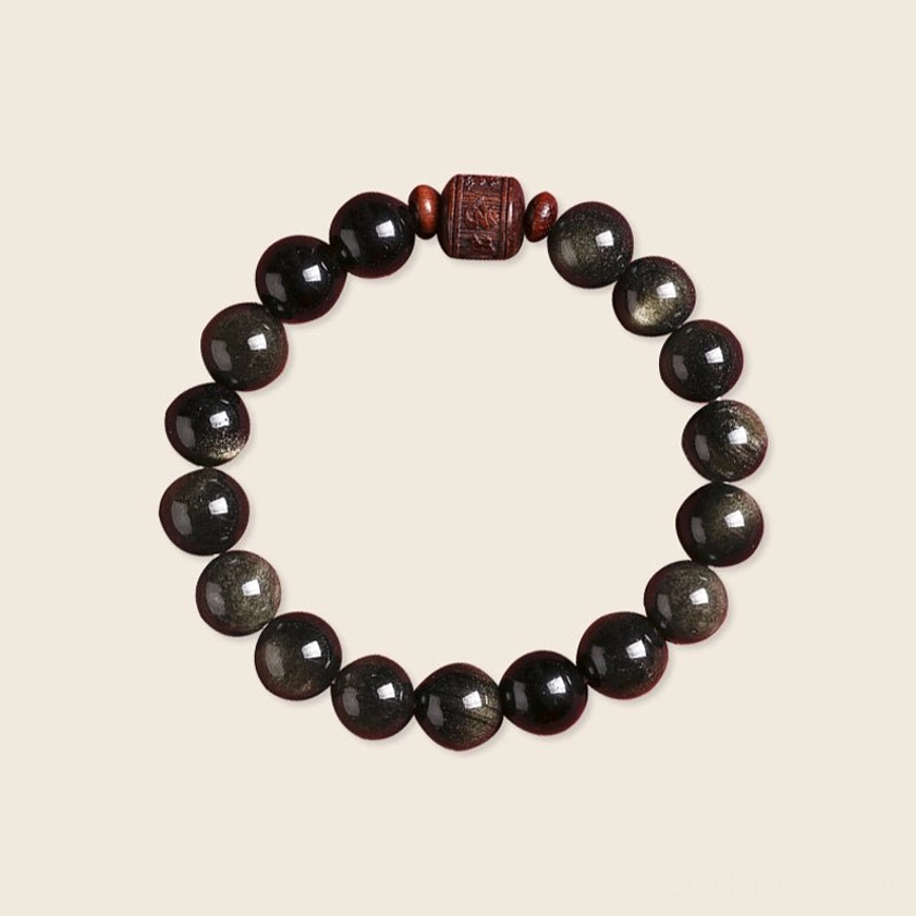 12mm Rainbow Obsidian bracelet with Om Mani Padme Hum carving and golden sheen details for meditation and spiritual protection