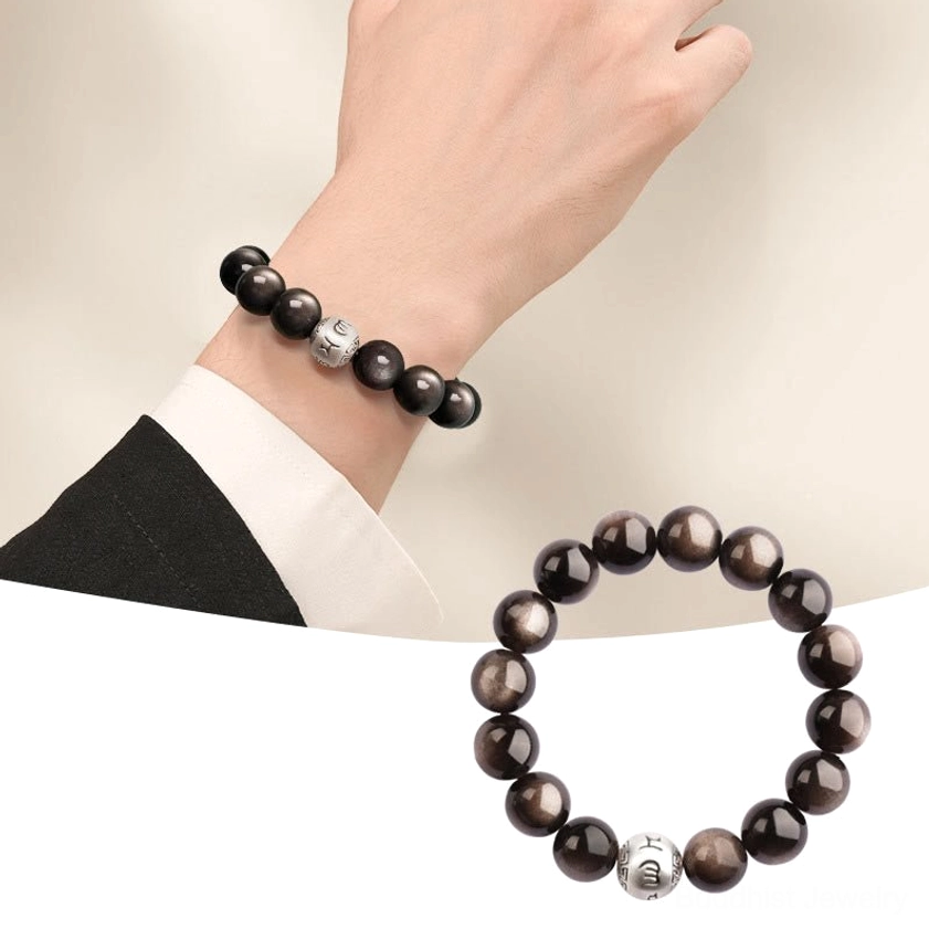 Silver Sheen Obsidian 12mm bead Buddhist protection bracelet featuring hand-engraved om mani padme hum sterling silver charm