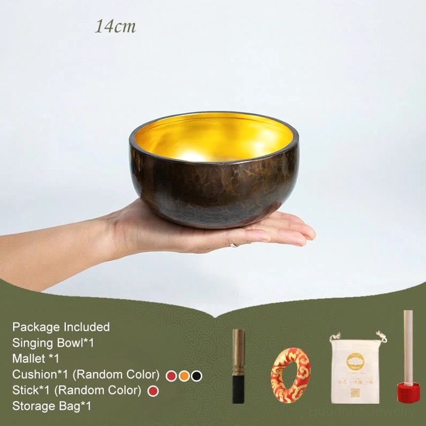 14cm compact copper singing bowl overhead view with wooden mallet, cushion, and complete meditation set accessories