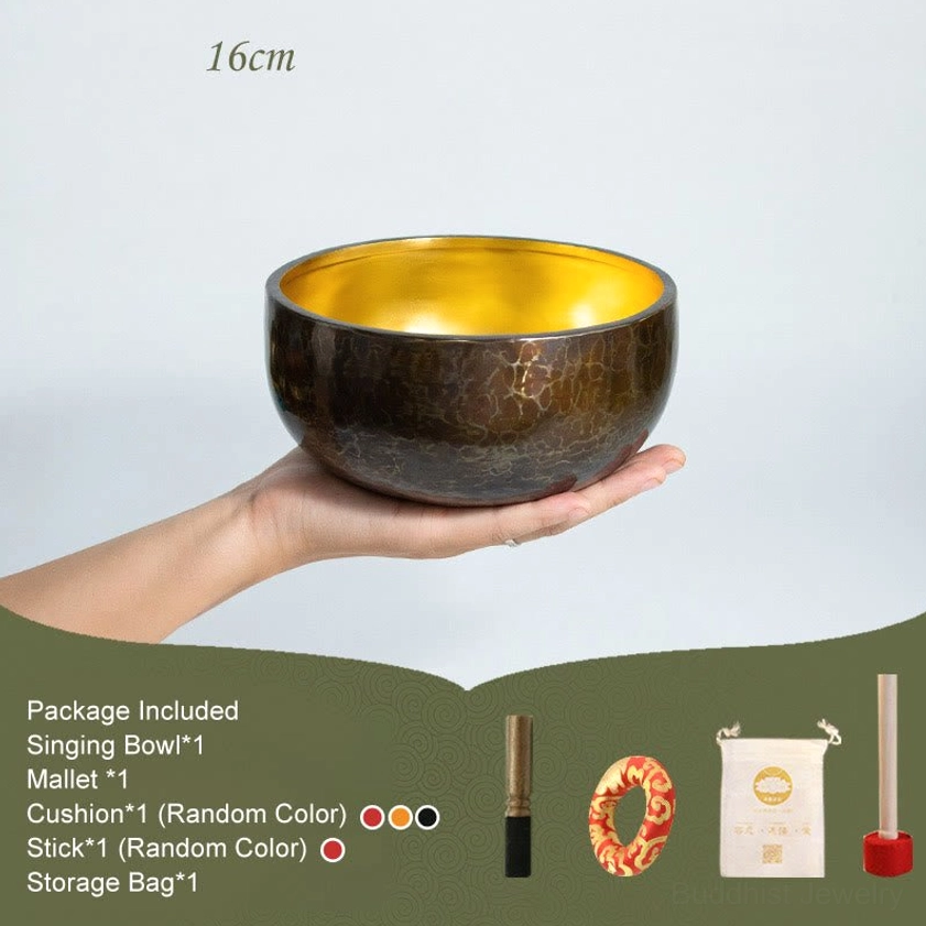 16cm medium handcrafted singing bowl studio display overhead with hammer-textured bronze exterior