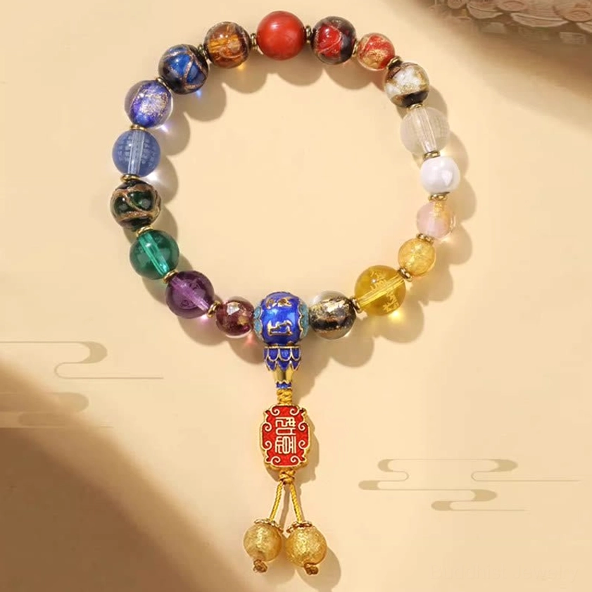18-bead Buddhist prayer mala bracelet with rich mixed color incense ash liuli glass beads, enamel center bead, and red pendant with golden tassels