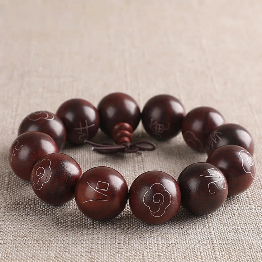 Large 20mm red sandalwood beads bracelet with sterling silver Om Mani Padme Hum inlay for meditation and spiritual practice