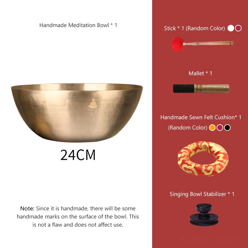 24 centimeter handmade meditation bowl with polished golden metal surface, authentic handcrafted Buddhist singing bowl