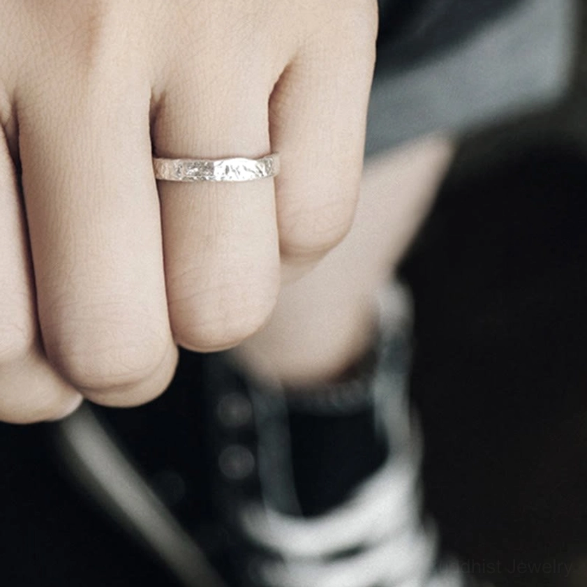 Slim 5mm silver couple ring worn on hand, everyday spiritual jewelry for meditation