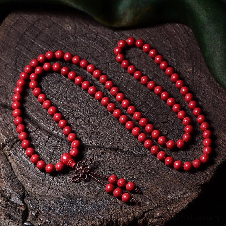 7mm round cinnabar 108-bead mala bracelet with premium elastic string and traditional tassel