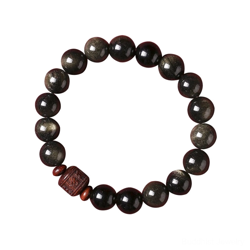 8mm Gold Sheen Obsidian beads with Fu character blessing symbol and red sandalwood spacers on stretch cord