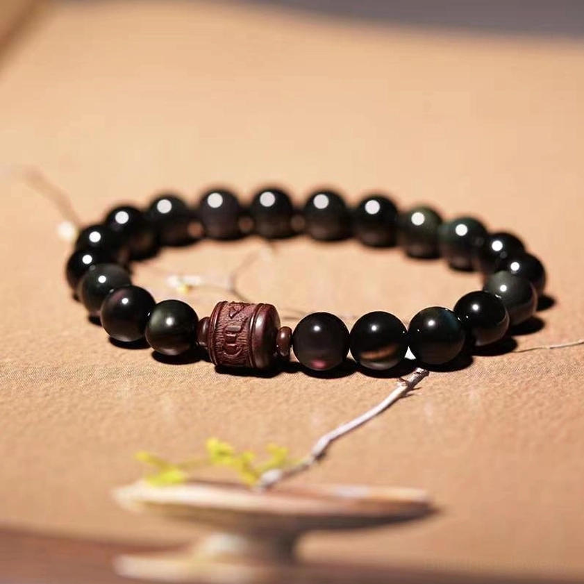 8mm Gold Sheen Obsidian Om Mani Padme Hum bracelet elastic stretch cord for wrist 5.5-6.3 inches
