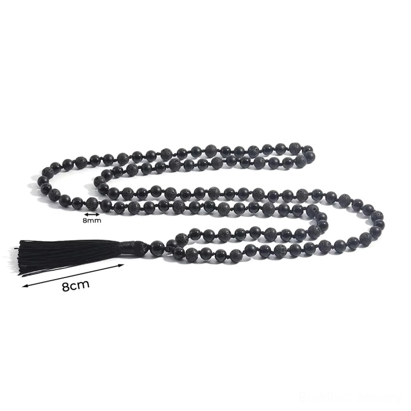 8mm black beaded mala necklace with dimension markings, top-down flat lay showing product size and long tassel