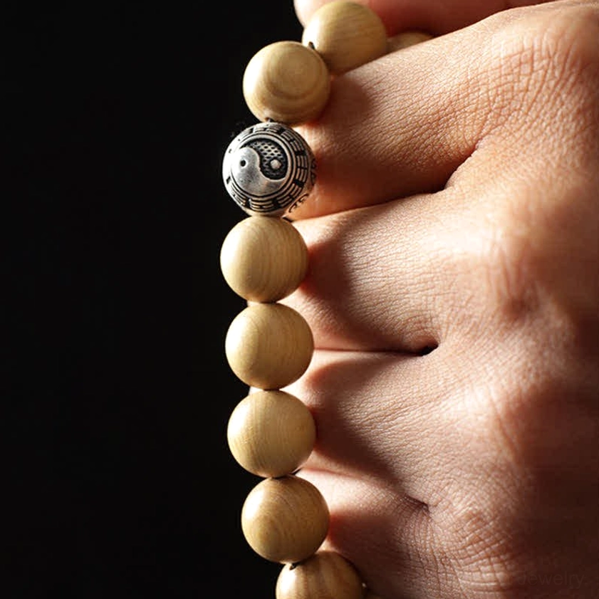 8mm peach wood Buddhist bracelet with yin yang charm for daily wear and meditation practice