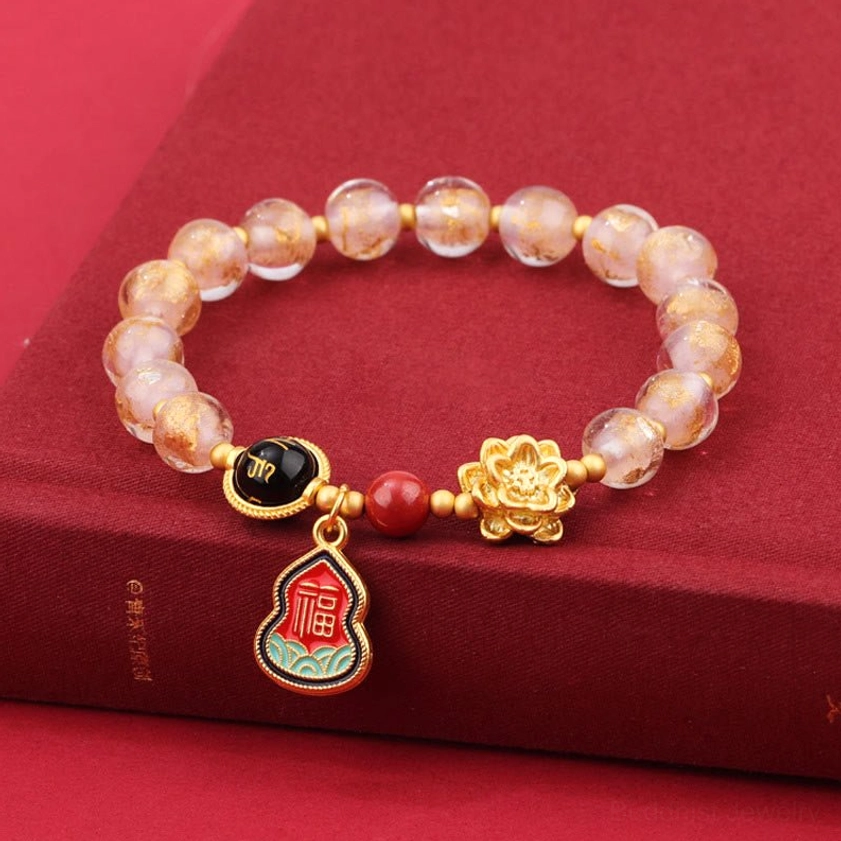 Purple 8mm Liuli glass beads in Buddhist spiritual bracelet with lotus and Fu fortune charms