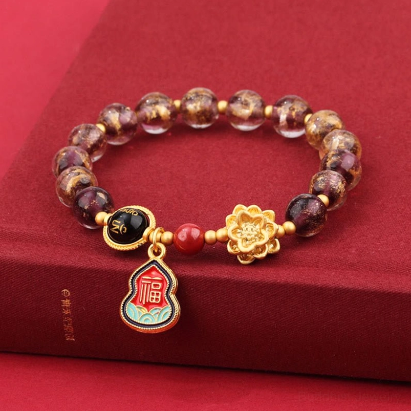 8mm purple incense ash glass Buddhist bracelet with Om Mani Padme Hum sacred mantra and spiritual pendants