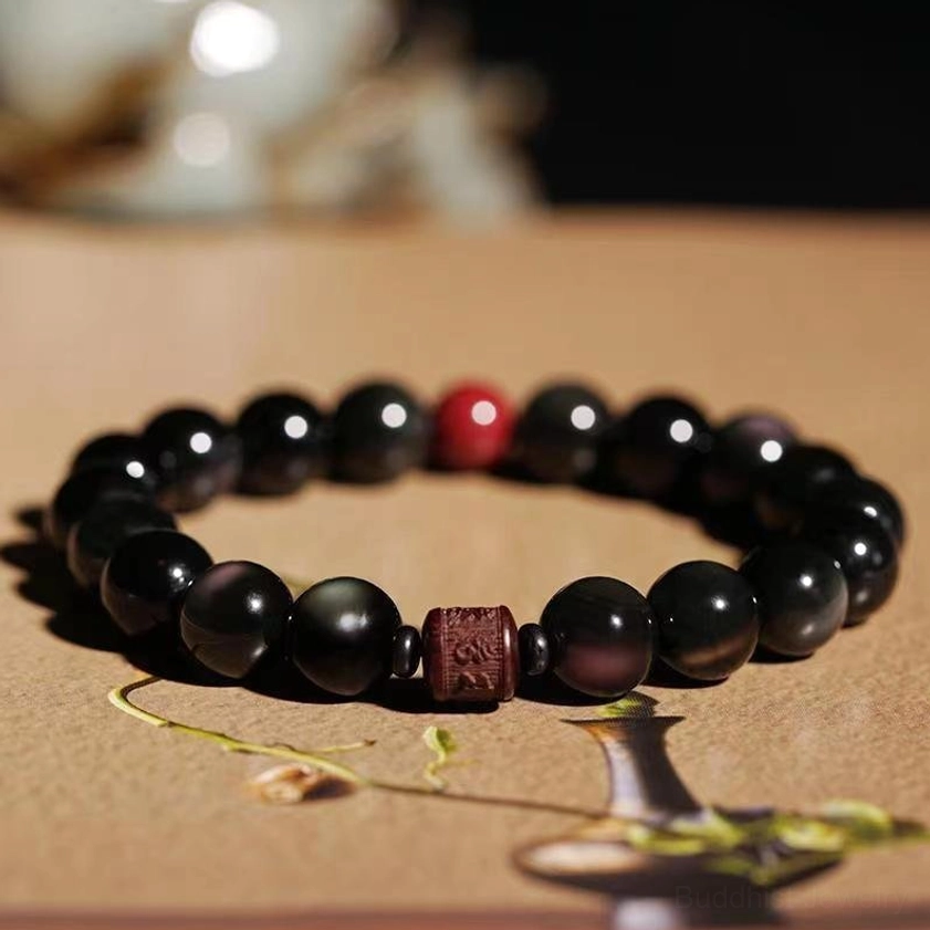 8mm Rainbow Obsidian Cinnabar Om Mani Padme Hum bracelet for compact wrist wear and daily meditation
