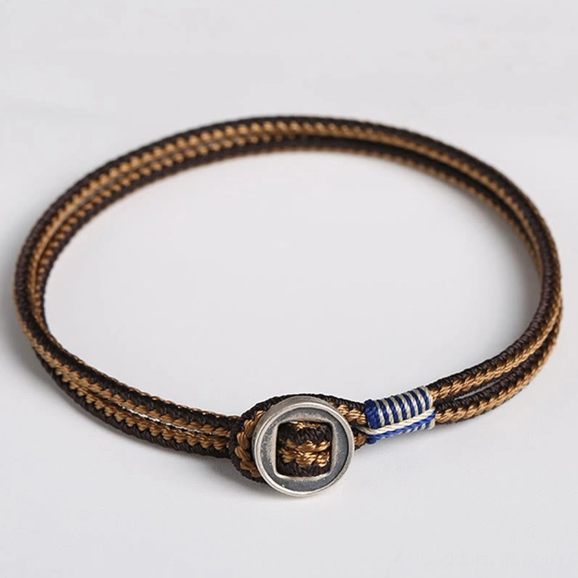 925 sterling silver handmade Buddhist string bracelet with premium woven cord, adjustable protection talisman