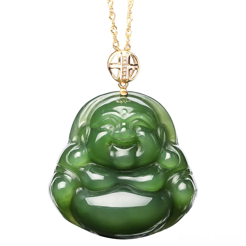 925 sterling silver laughing Buddha necklace with Hetian jade pendant and 18K gold chain for protection and prosperity