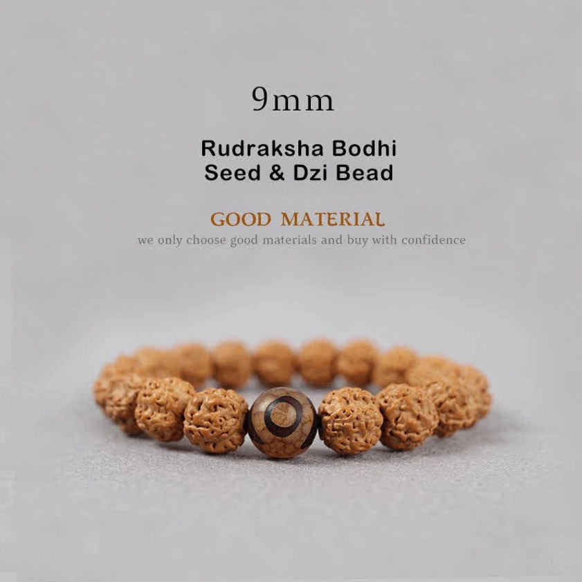 9mm Rudraksha Bodhi Seed and Dzi Bead Buddhist healing bracelet top view with brown seeds and mystical patterned dzi bead