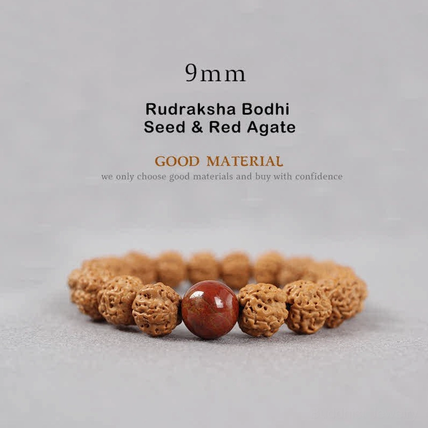 9mm Rudraksha Bodhi Seed and Red Agate bracelet showing brown seeds with round dark red agate bead for grounding and stability