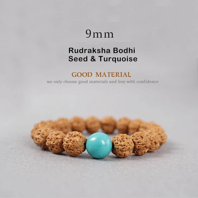 9mm Rudraksha Bodhi Seed and Turquoise bracelet flat lay with brown seeds and round blue turquoise bead for throat chakra healing