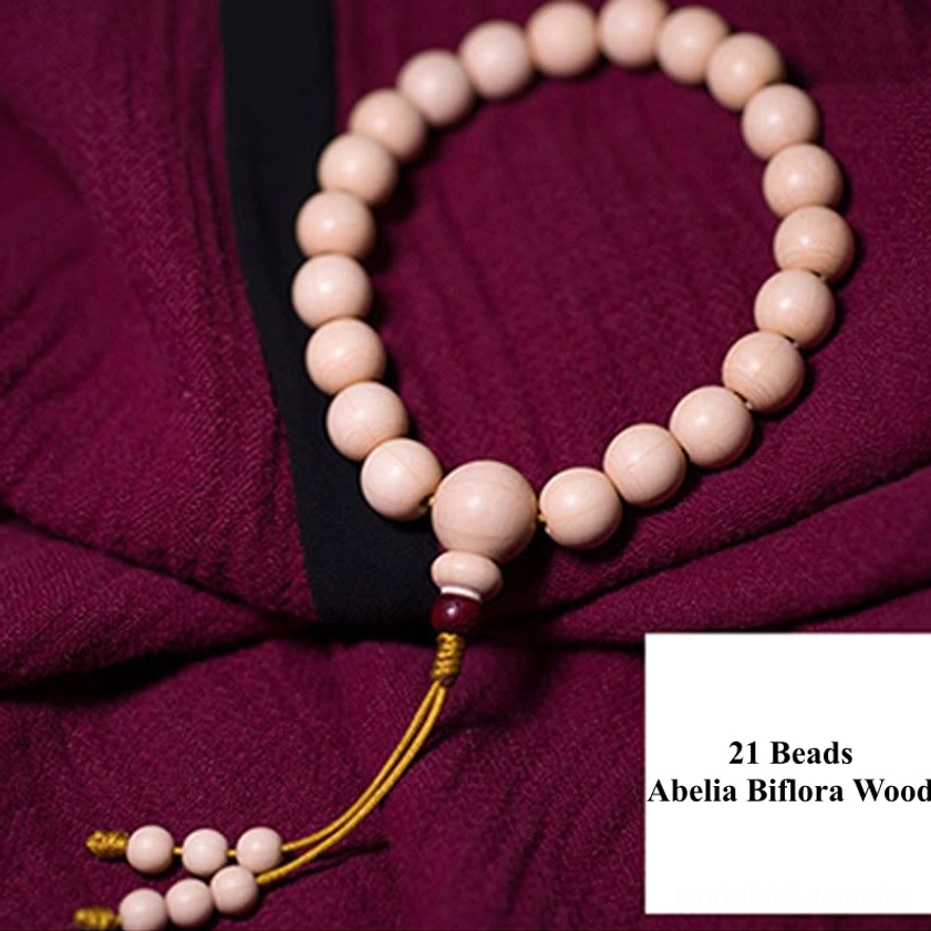 21-bead Abelia Biflora wood Buddhist prayer mala bracelet labeled overhead display