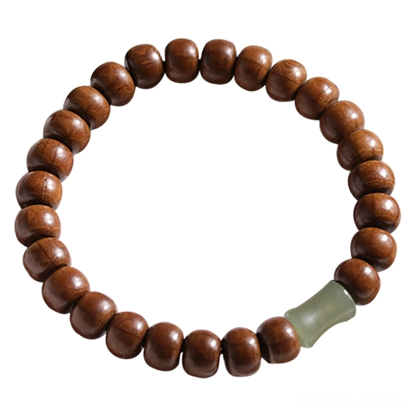 Complete abelia wood hetian jade bamboo bead Buddhist bracelet full circular view on light brown backdrop