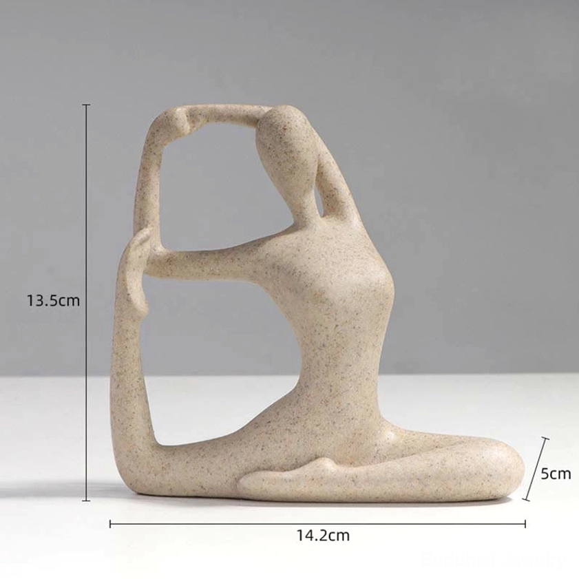 Single abstract yoga side stretch meditation figurine with dimension markers showing beige speckled resin finish