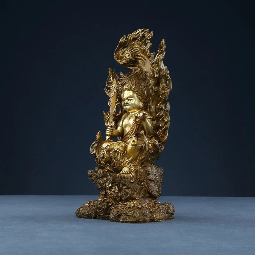 Detailed view of Acalanatha Buddha's hand position and sacred ritual implements - prayer cord and symbolic sword