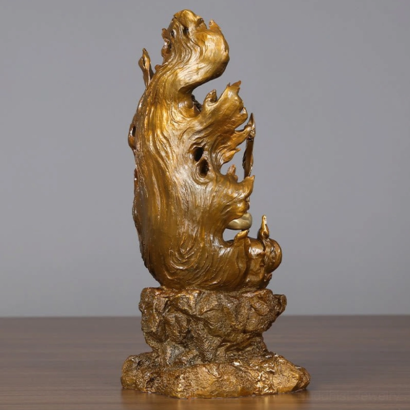 Right side view of Acalanatha Buddha statue showing hollowed flame design and carved rocky pedestal detail