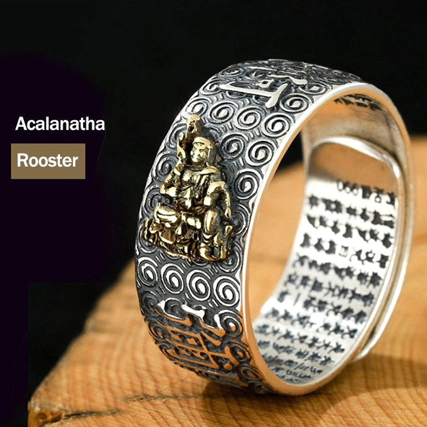 Acalanatha Rooster Natal Buddha adjustable ring for Rooster zodiac sign courage and determination