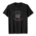 Accept Impermanence Buddhist lotus graphic t-shirt front flat lay white cotton tee with circular mandala design