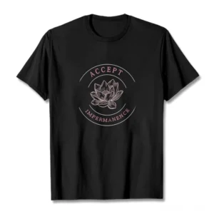 Accept Impermanence Buddhist lotus graphic t-shirt front flat lay white cotton tee with circular mandala design