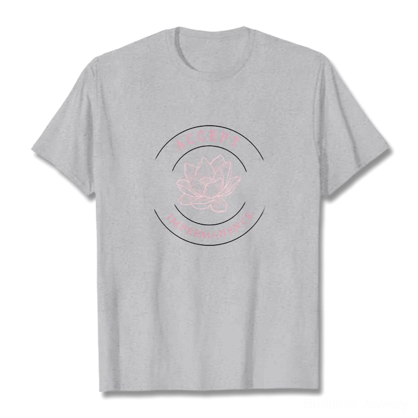 Light gray blue Buddhist lotus graphic t-shirt back view accept impermanence design print detail