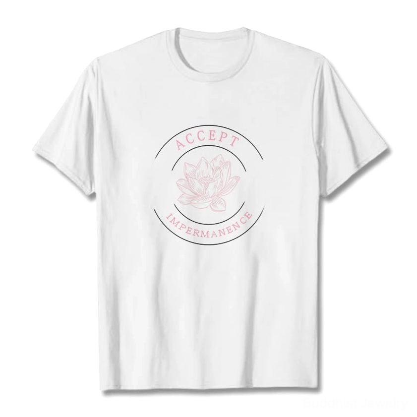 Buddhist lotus t-shirt detail close-up white ink print quality circular mandala design accept impermanence
