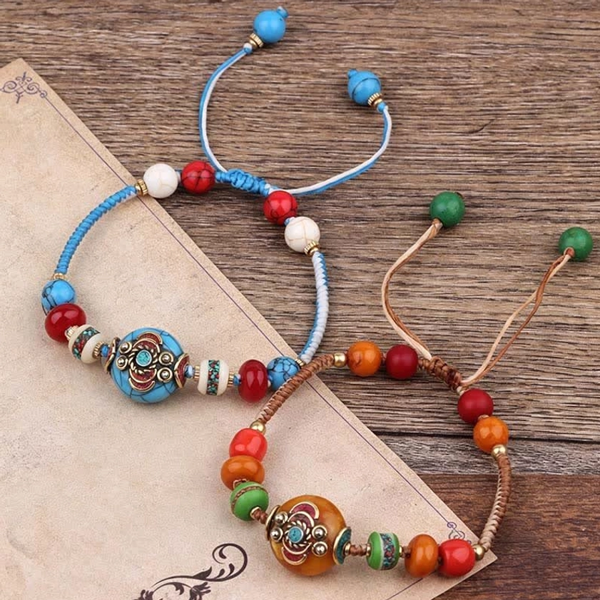 Adjustable Buddhist bracelet with turquoise beads and braided cord, handcrafted gemstone prayer bracelet
