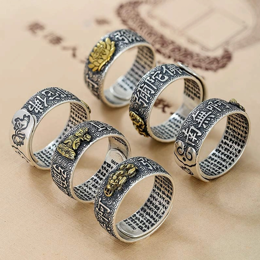 Adjustable Buddhist Natal Buddha copper ring with vintage silver finish and spiritual engravings