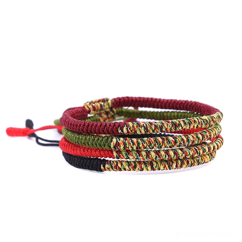 Adjustable Buddhist string bracelet with sacred King Kong Knot symbol and multicolor braiding for mindfulness and spiritual grounding daily wear