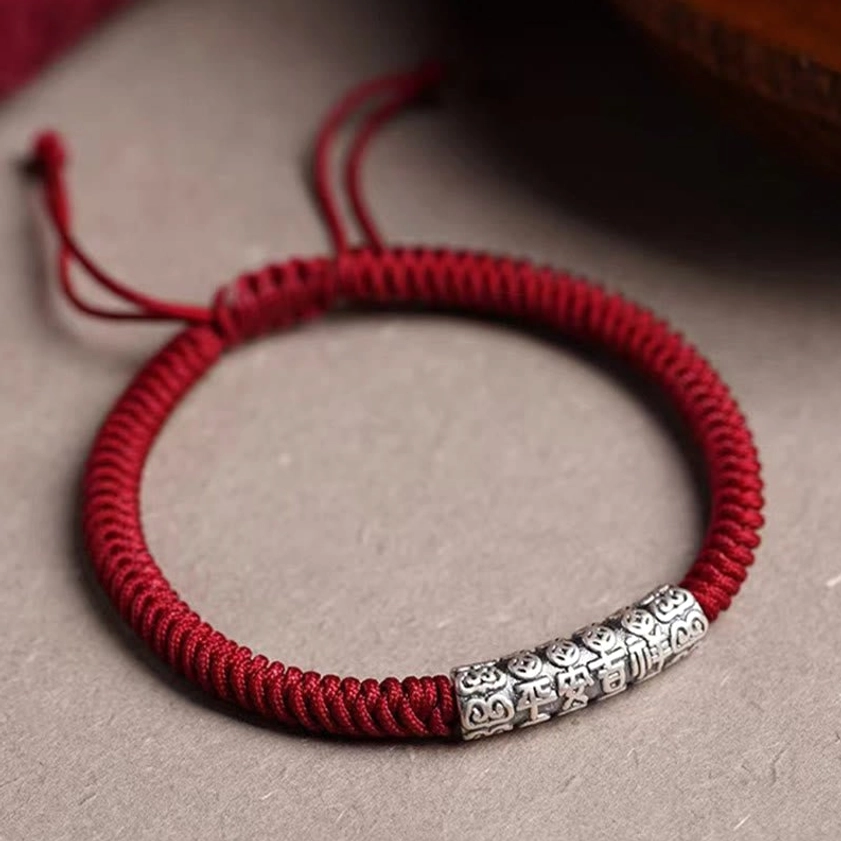 Adjustable dark red rope bracelet with sterling silver engraved charm for spiritual protection
