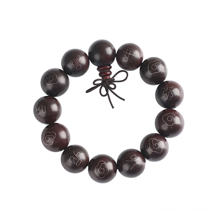 Adjustable red sandalwood Om Mani Padme Hum prayer bracelet with 925 sterling silver cloud and character inlays unisex