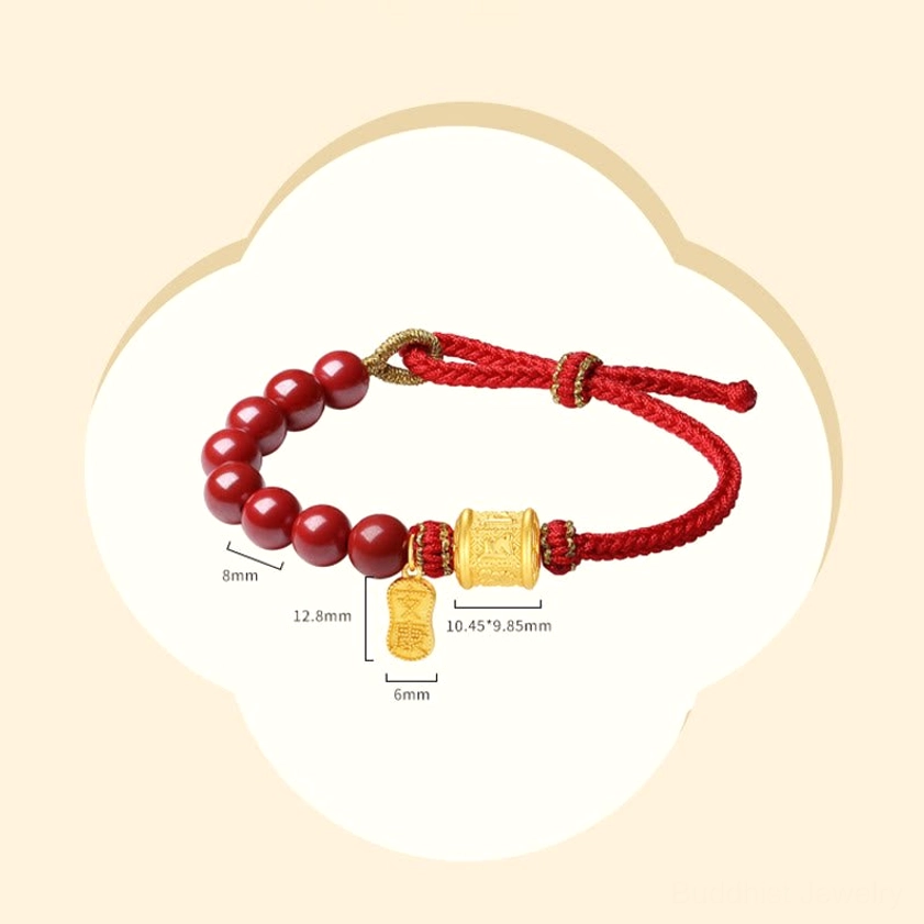 Adjustable slip-knot closure on Om Mani Padme Hum red string bracelet - fit guide