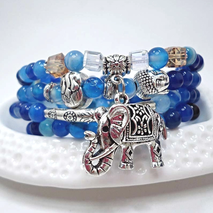 Natural Agate Elephant Buddha Bracelet - Stacked Layered Design with Buddha Head Ornaments