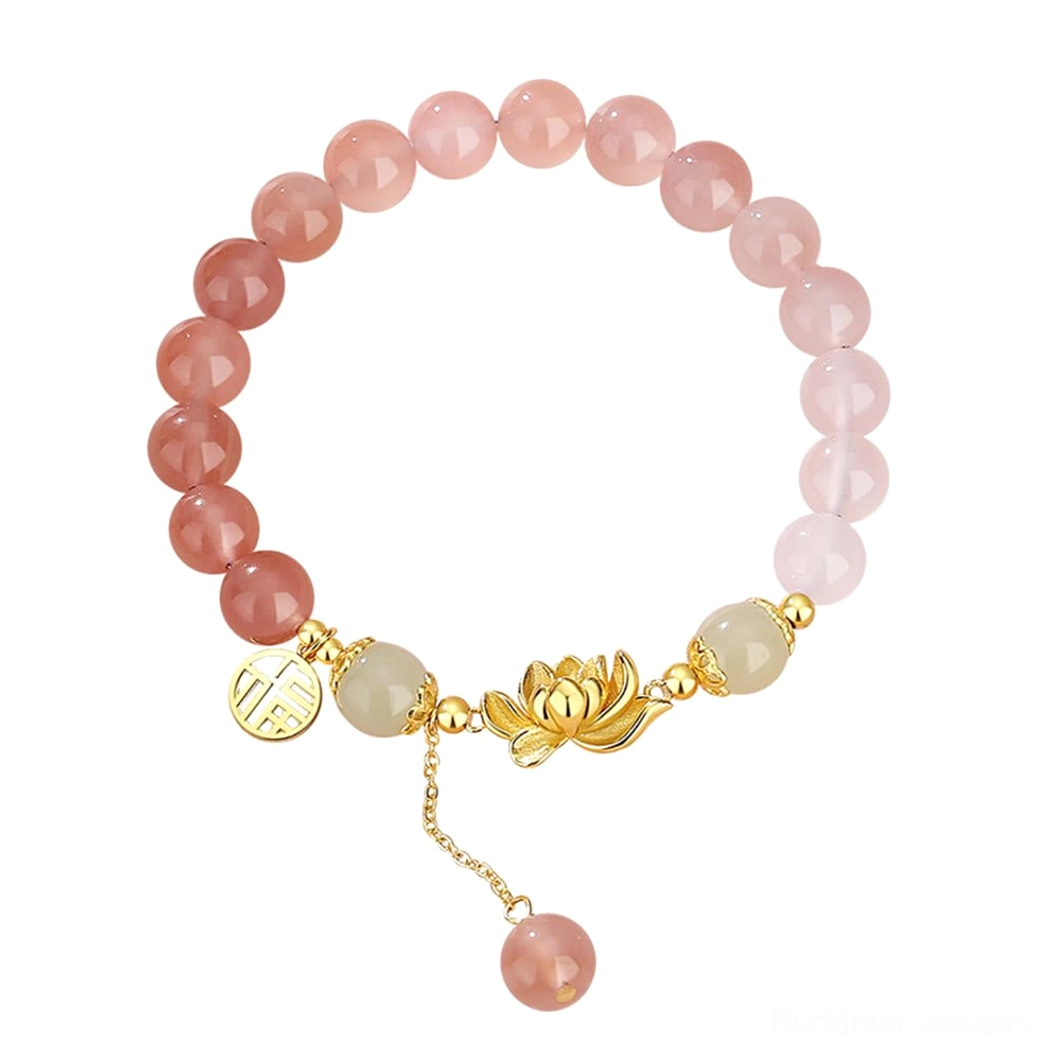 Gradient agate and Hetian jade Buddhist bracelet with Fu character and lotus charm, premium 925 sterling silver accents