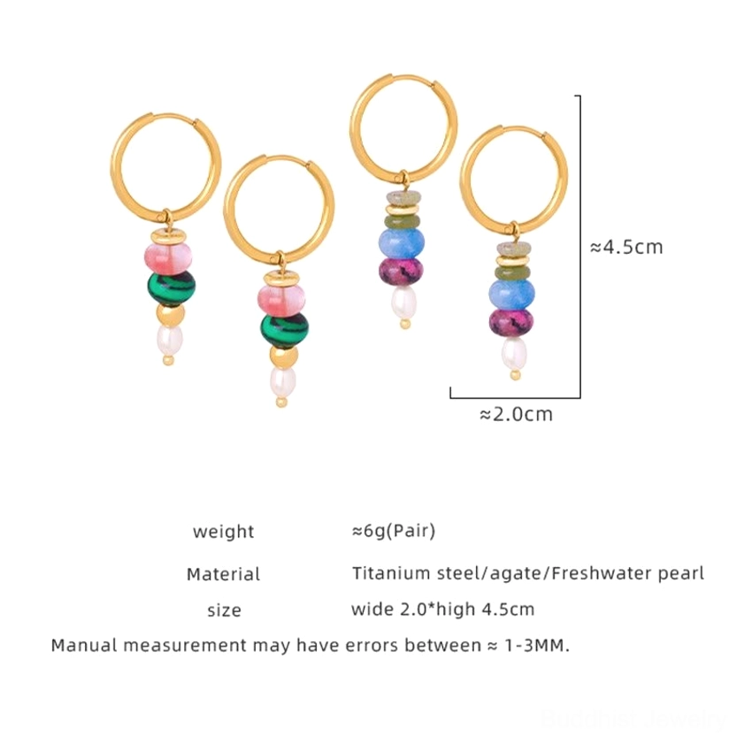 Natural stone agate earrings with pearl detail - handcrafted titanium steel Buddhist confidence jewelry