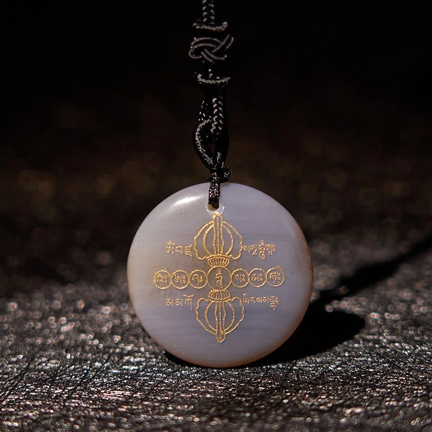 Agate Vajra Dorje Buddhist Pendant - Natural Stone Necklace with Sanskrit Symbols