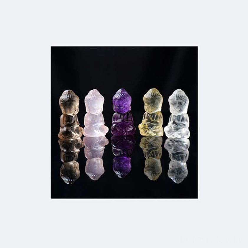 Multiple Buddha crystal pendants arrangement - all five stone varieties amethyst citrine pink white smoky quartz