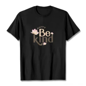 Black Always Be Kind Buddhist T-Shirt with lotus graphic print, flat lay front view