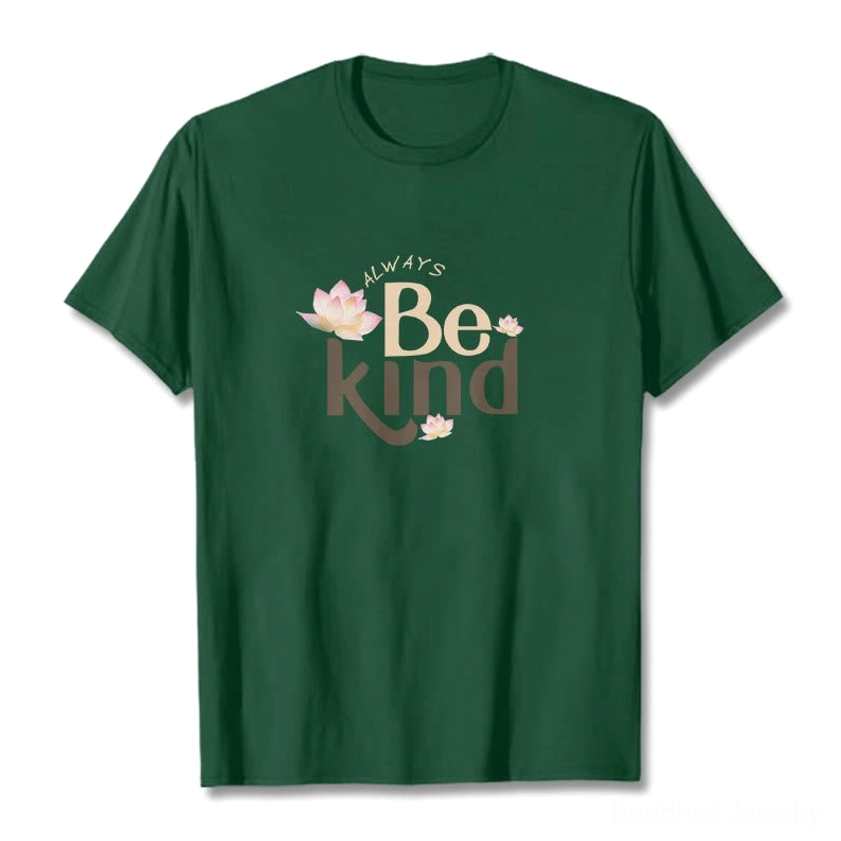 Always Be Kind Buddhist T-Shirt detail shot showing lotus and compassion message print
