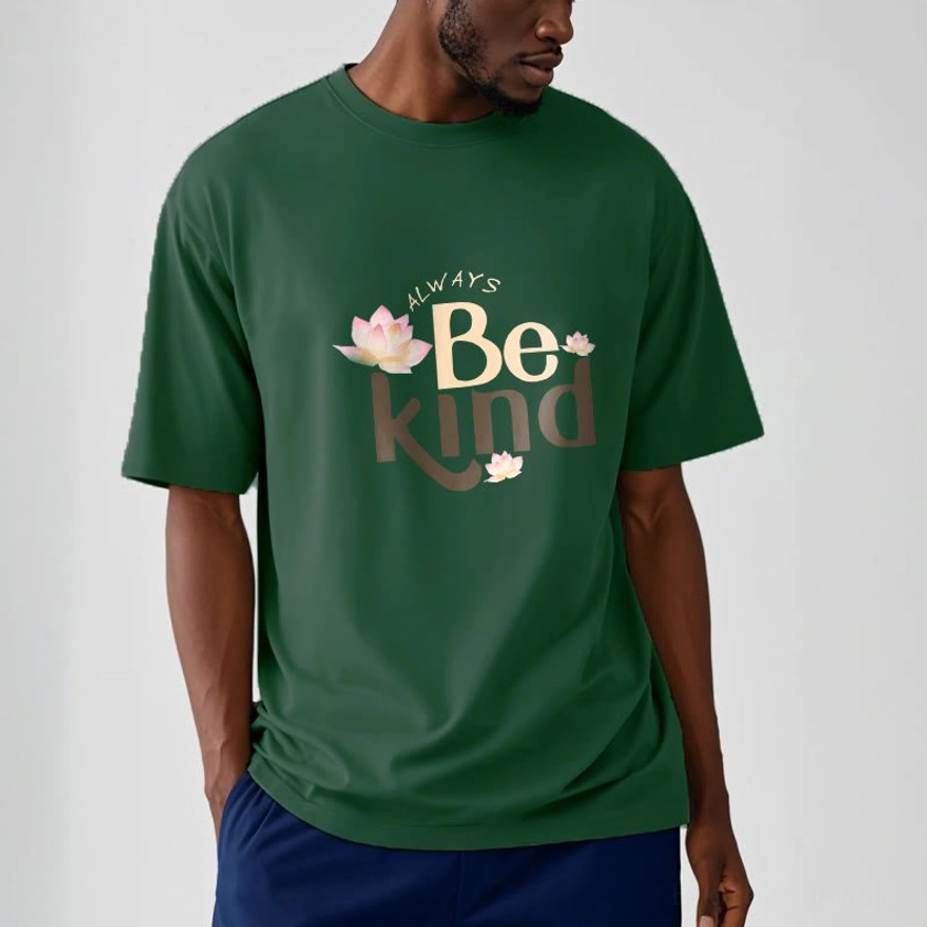 Always Be Kind Buddhist T-Shirt crew neck and sleeve detail with white ink lotus design