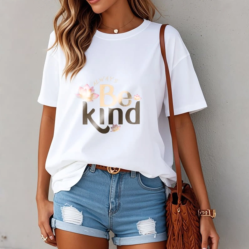 Female model wearing white Always Be Kind Buddhist T-Shirt with denim shorts, light gray wall