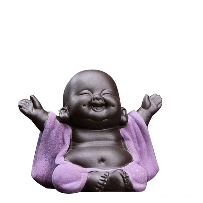 Always smiling purple laughing Buddha statue, timeless Buddhist icon for happiness and inner peace