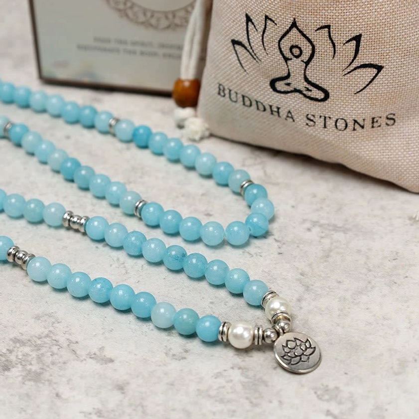 Amazonite mala bracelet packaged with branded linen storage pouch featuring lotus logo