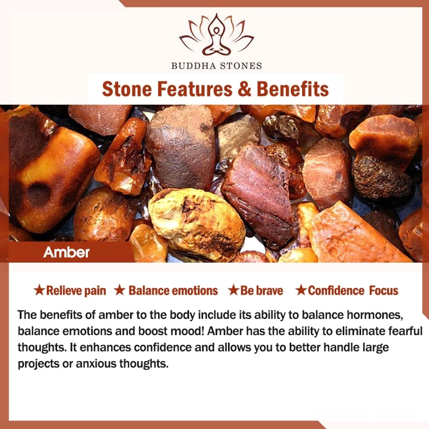Amber stones benefits poster highlighting anxiety relief and emotional balance properties