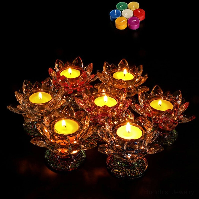 Seven-piece amber and citrine crystal lotus candleholder set with tea light candles - overhead studio photography